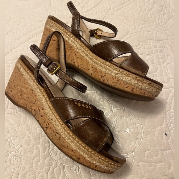 Prada Womens Brown Espadrille Wedge Sandals Ankle Strap Size 36.5 excellent - Picture 4 of 4